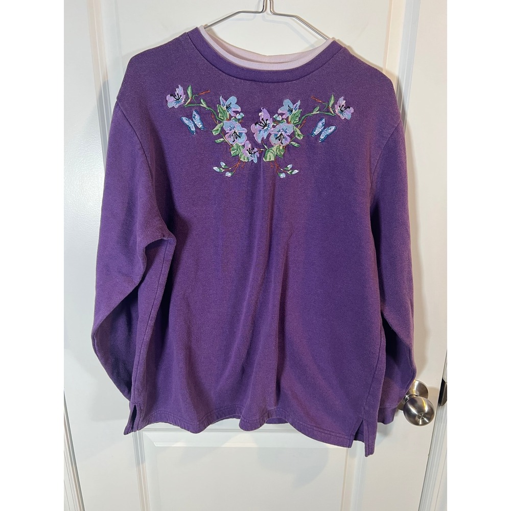 Blair Womens Sweatshirt Floral‎ Butterfly Embroidery Purple Large